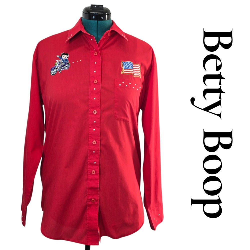 Betty‎ Boop Red Button Up Shirt Embroidered Americana Motorcycle Rhinestone M